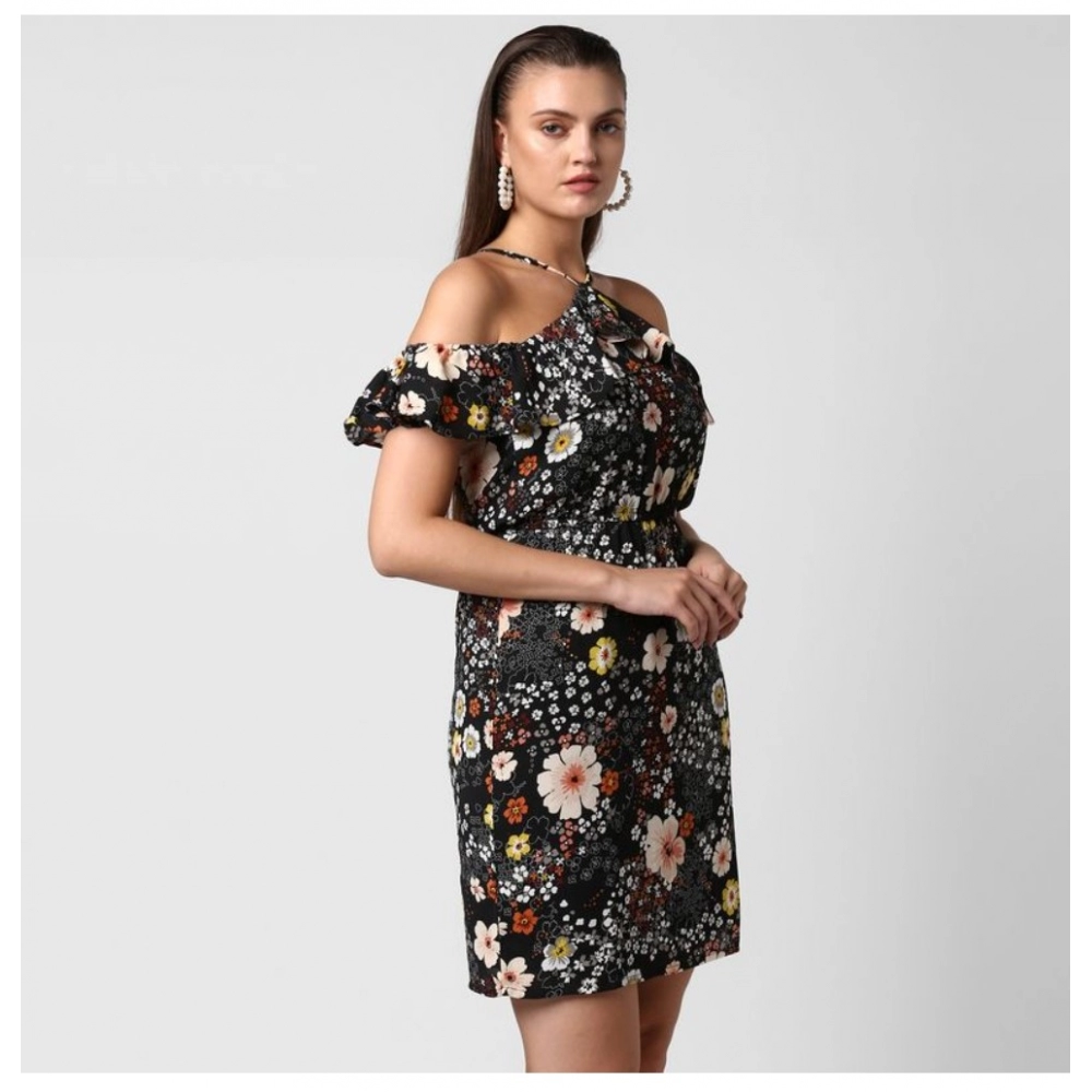Women's Polyester Floral Cold Shoulder Above Knee Dress (Black) - Image 4