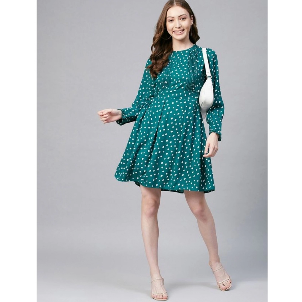 Women's Polyester Polka Long Sleeves Above Knee Dress (Green - White) - Image 6