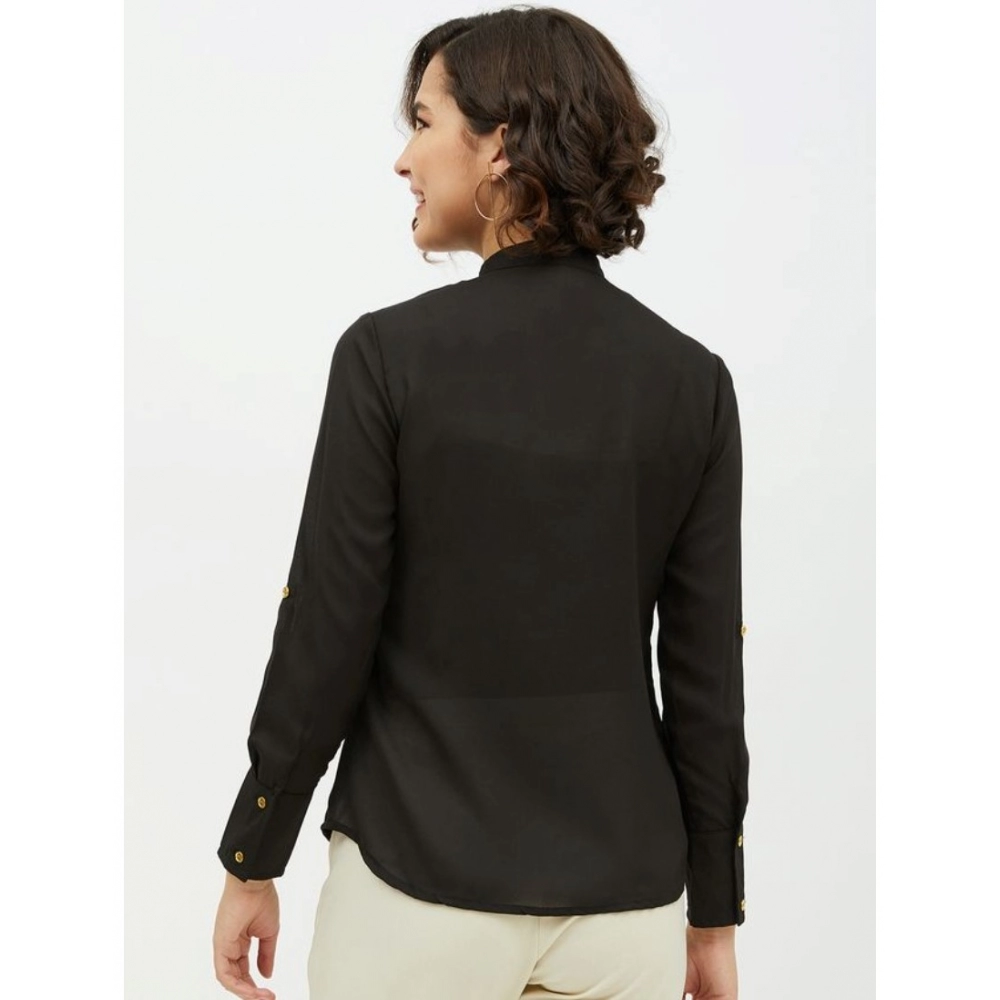 Women's Polyester Ruffled Long Sleeves Standard Length Shirt (Black) - Image 7