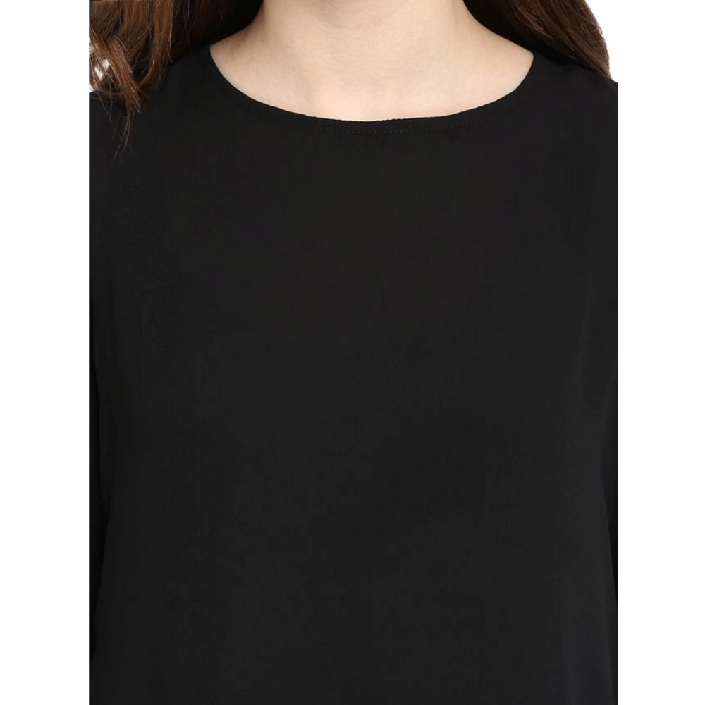 Women's Polyester Georgette Self Design Bell Sleeve Regular Top (Black) - Image 2