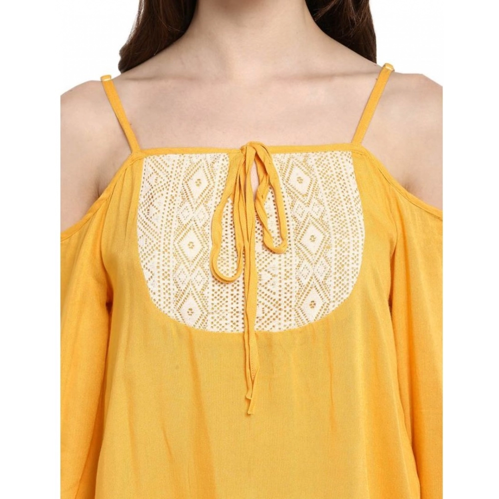 Women's Rayon Embellished Cold Shoulder Regular Top (Mustard Yellow) - Image 2