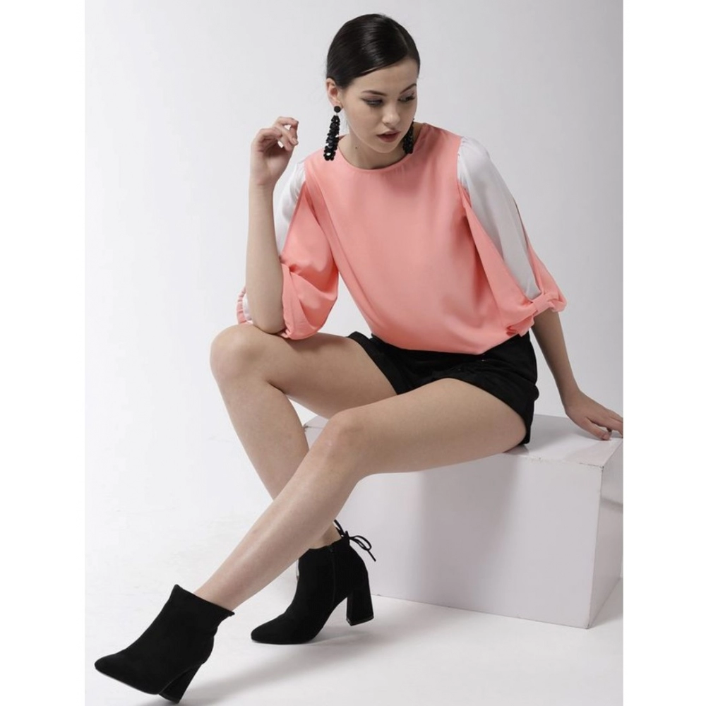 Women's Polyester Colour Block Slit Sleeve Top (Pink) - Image 5
