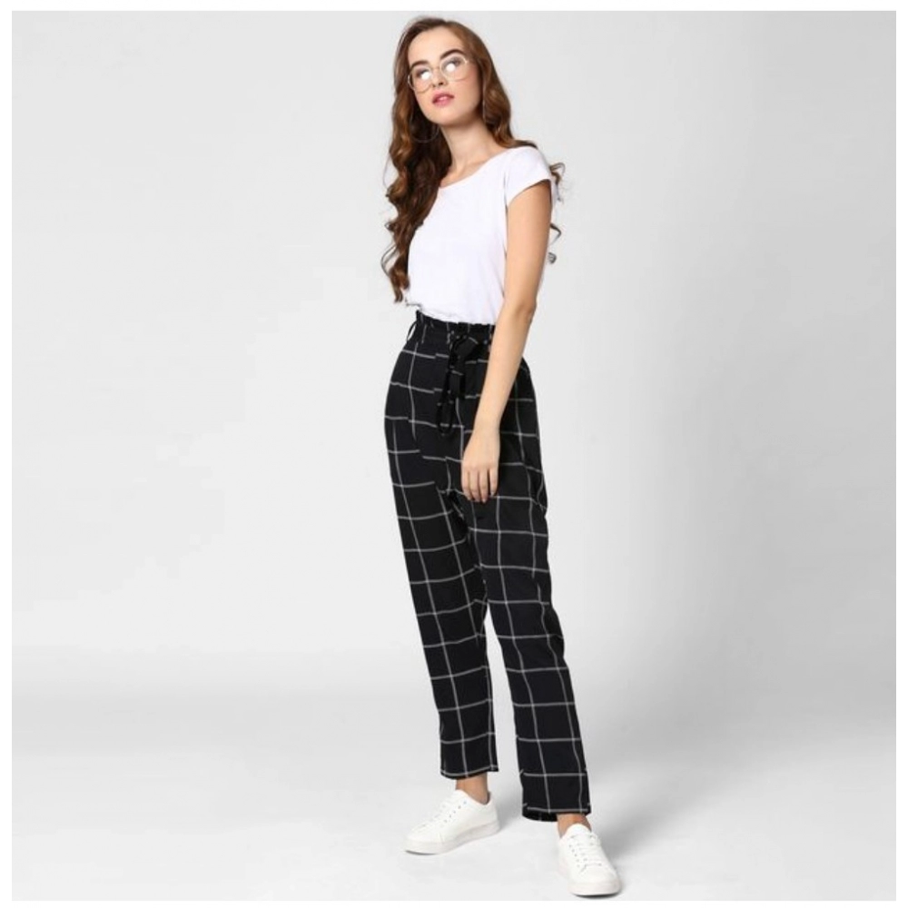 Women's Polyester Checkered Elasticated Trousers (Black - White) - Image 3