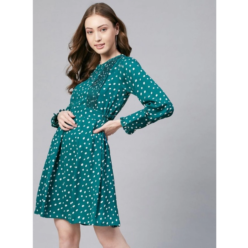 Women's Polyester Polka Long Sleeves Above Knee Dress (Green - White) - Image 4