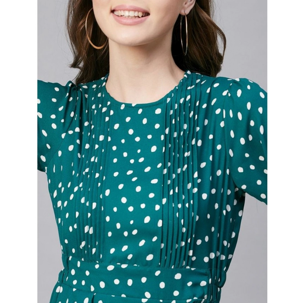 Women's Polyester Polka Long Sleeves Above Knee Dress (Green - White) - Image 2