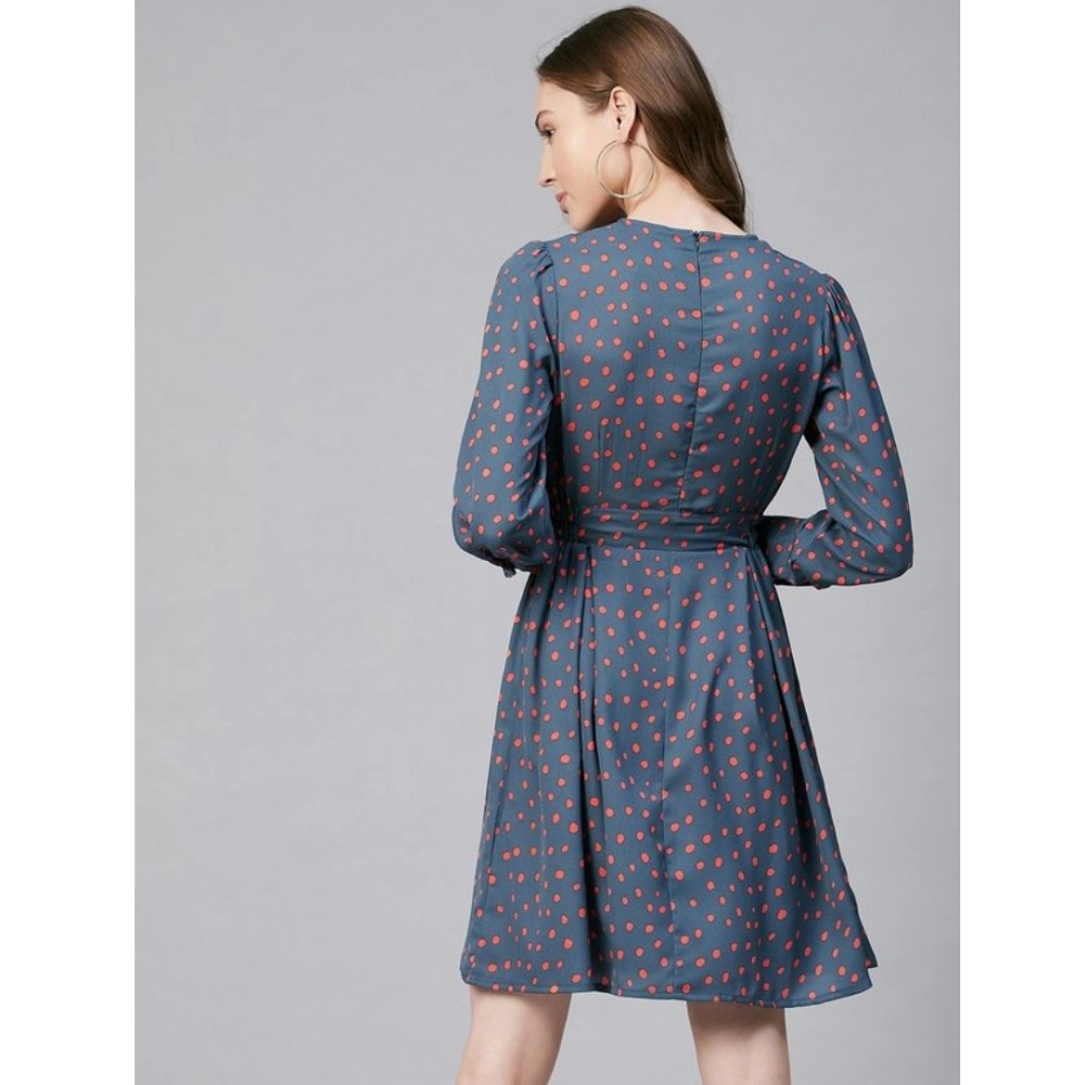 Women's Polyester Polka Long Sleeves Above Knee Dress (Grey - Coral) - Image 7