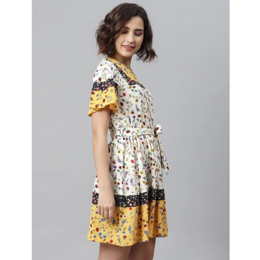 Women's Polyester Floral Flutter Above Knee Dress (Multicolor) - Image 3
