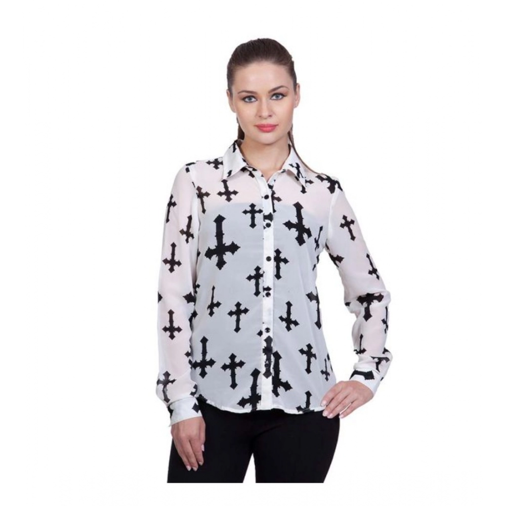 Women's Polyester Printed Long Sleeves Standard Length Shirt (White) - Image 4
