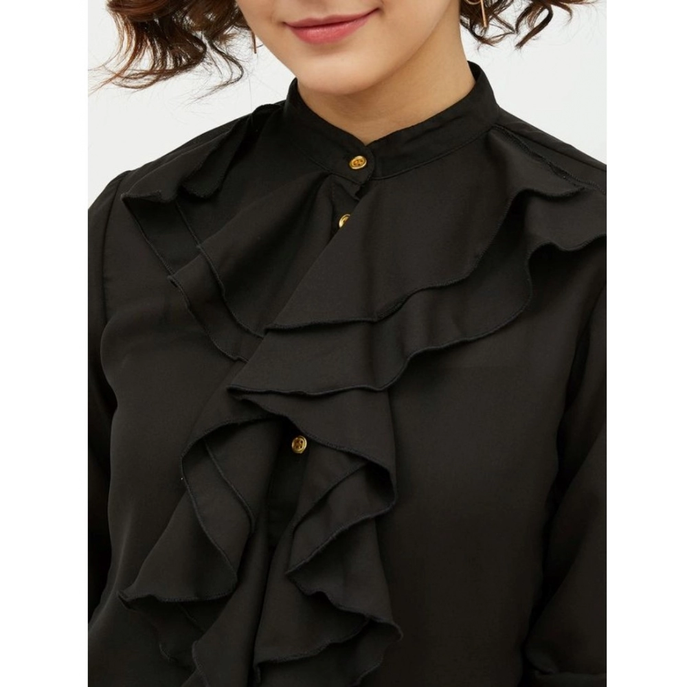 Women's Polyester Ruffled Long Sleeves Standard Length Shirt (Black) - Image 2