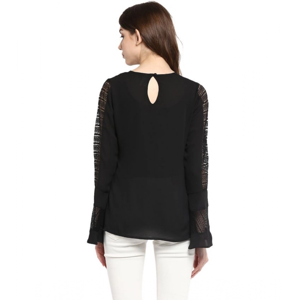 Women's Polyester Georgette Self Design Bell Sleeve Regular Top (Black) - Image 7