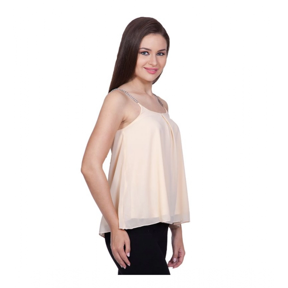 Women's Polyester Solid Shoulder Straps Regular Top (Beige) - Image 5