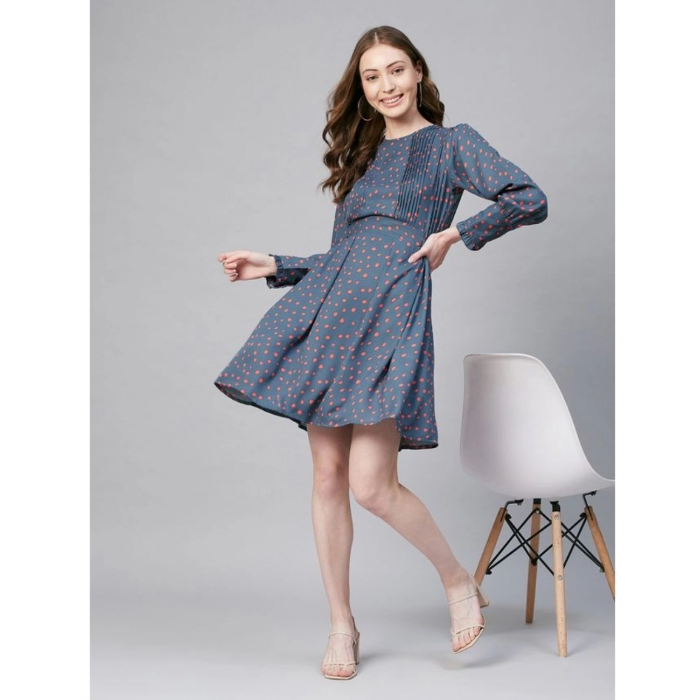 Women's Polyester Polka Long Sleeves Above Knee Dress (Grey - Coral) - Image 6