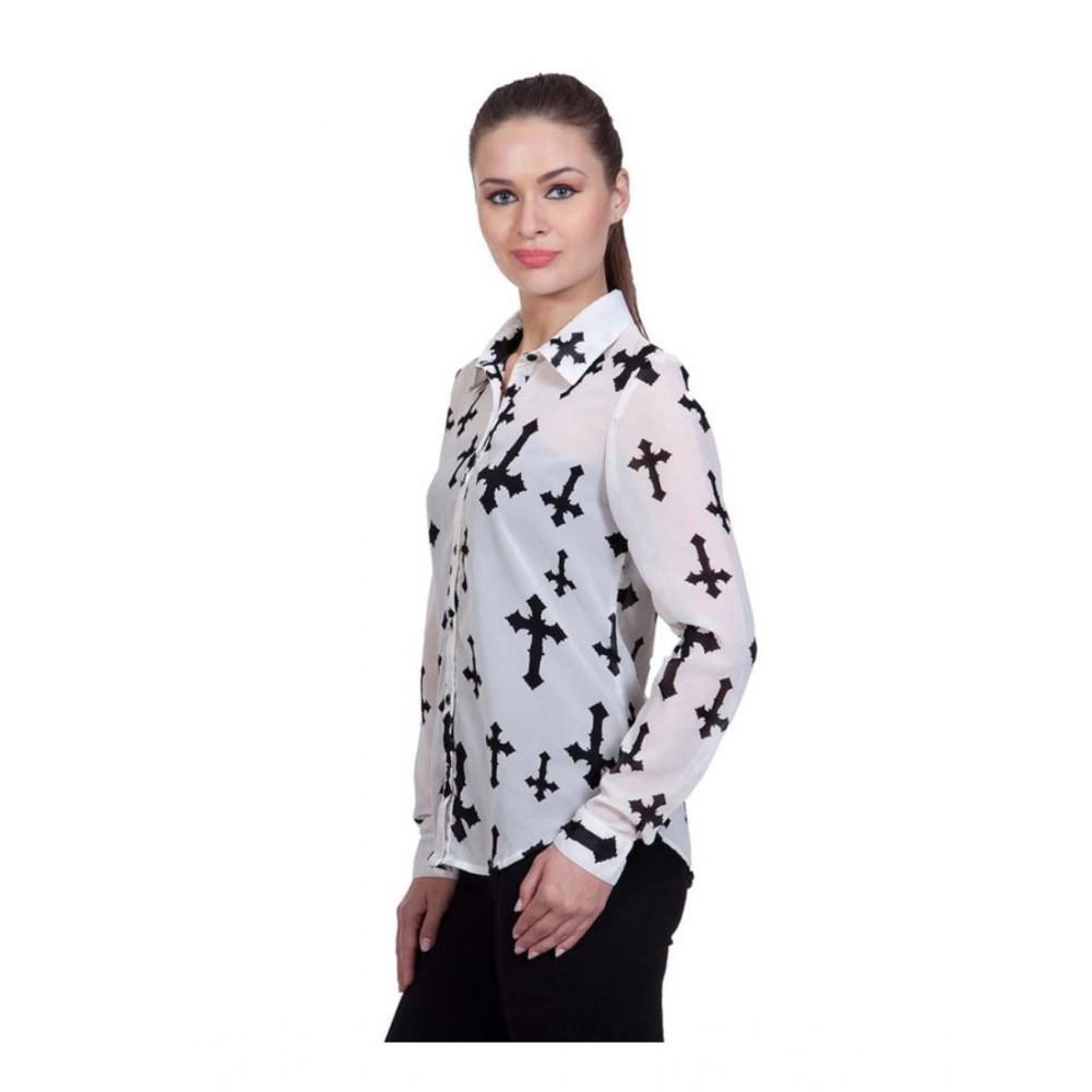 Women's Polyester Printed Long Sleeves Standard Length Shirt (White) - Image 2