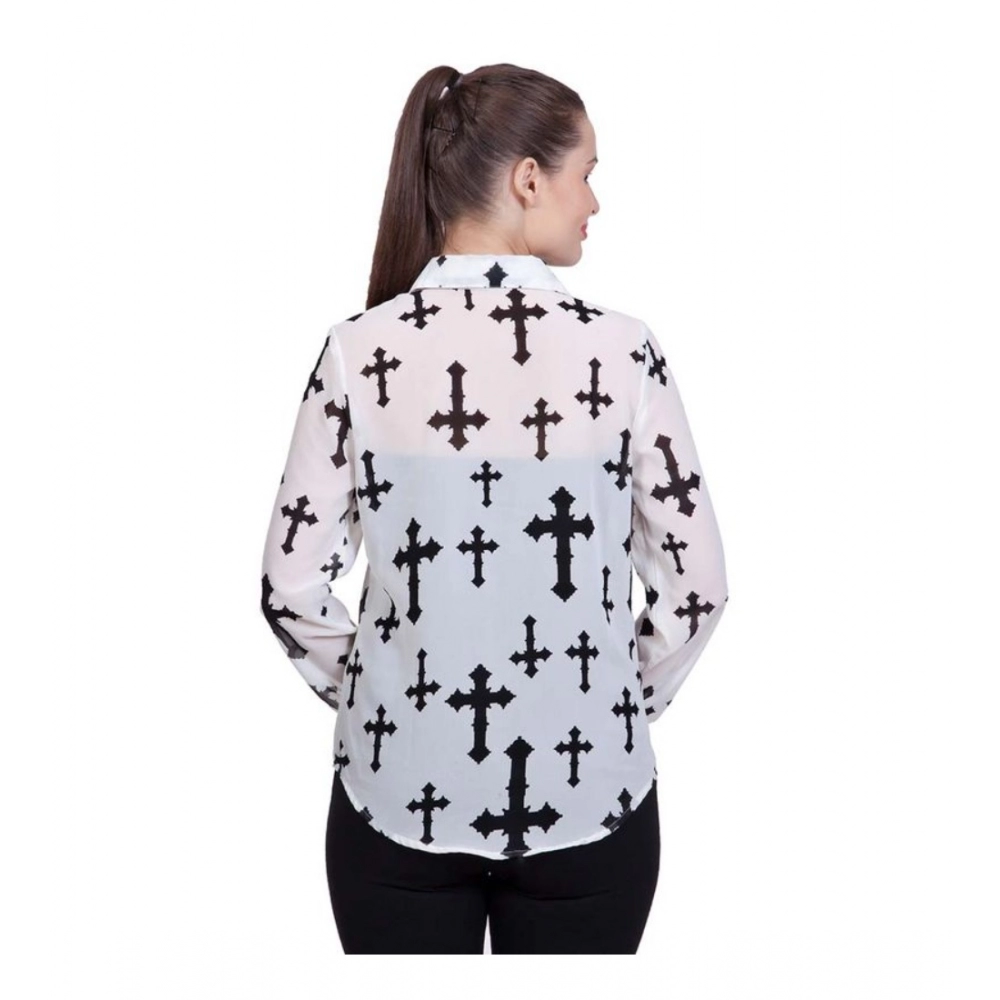 Women's Polyester Printed Long Sleeves Standard Length Shirt (White) - Image 5