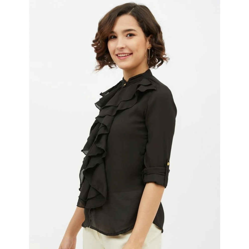 Women's Polyester Ruffled Long Sleeves Standard Length Shirt (Black) - Image 3