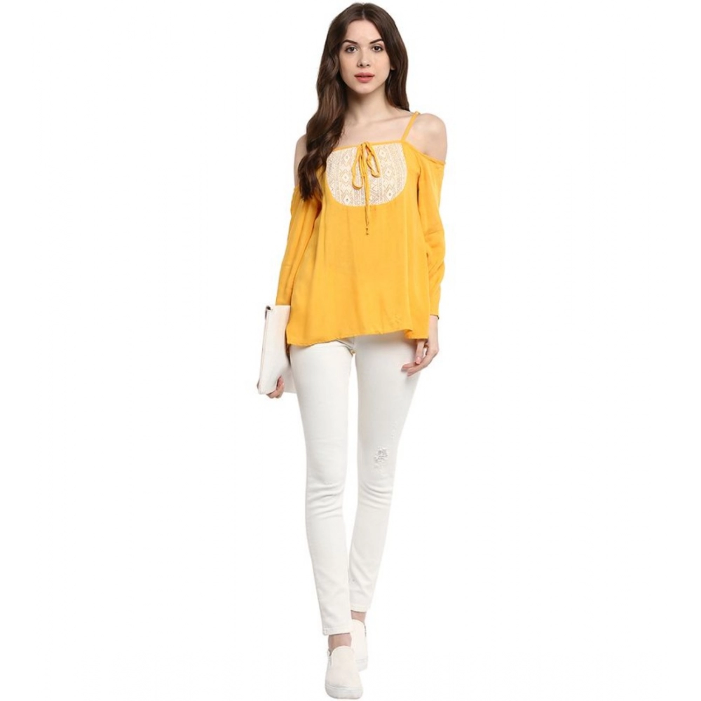 Women's Rayon Embellished Cold Shoulder Regular Top (Mustard Yellow) - Image 6