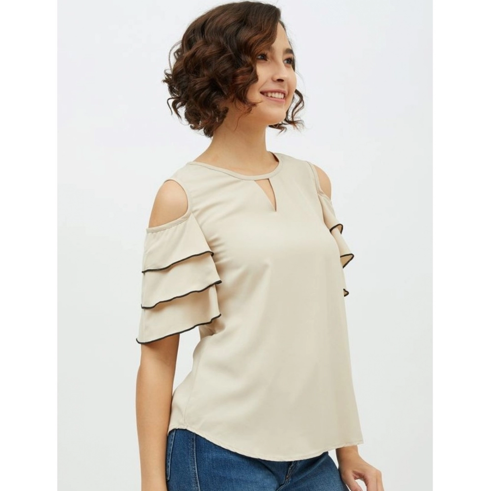 Women's Polyester Tiered Cold Shoulder Top (Beige) - Image 4