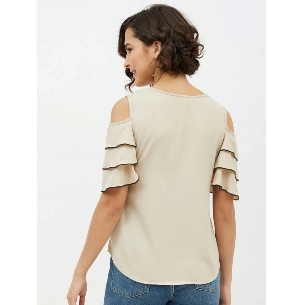 Women's Polyester Tiered Cold Shoulder Top (Beige) - Image 7