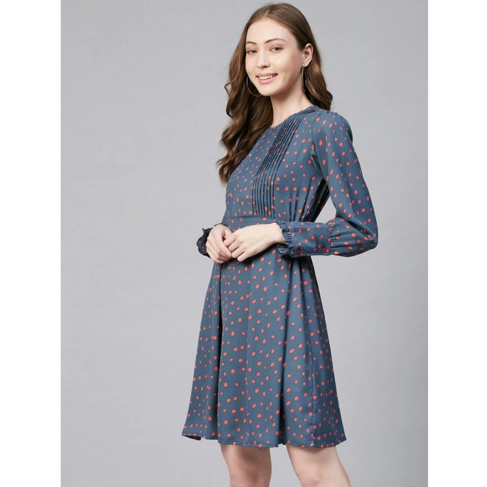 Women's Polyester Polka Long Sleeves Above Knee Dress (Grey - Coral) - Image 4
