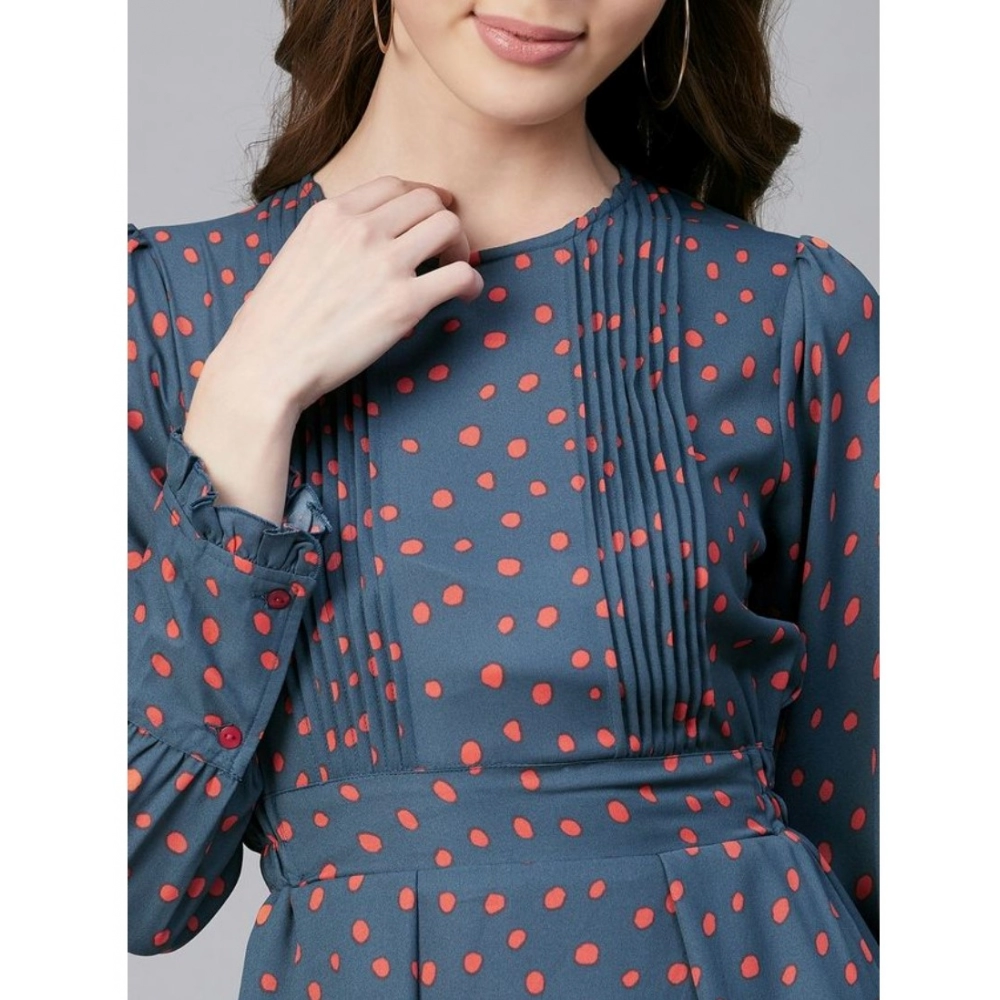 Women's Polyester Polka Long Sleeves Above Knee Dress (Grey - Coral) - Image 2