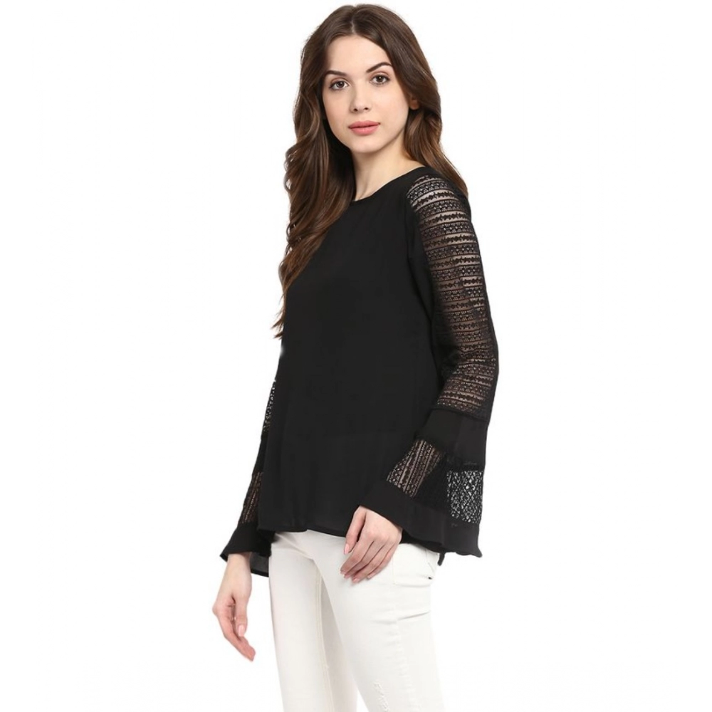 Women's Polyester Georgette Self Design Bell Sleeve Regular Top (Black) - Image 3