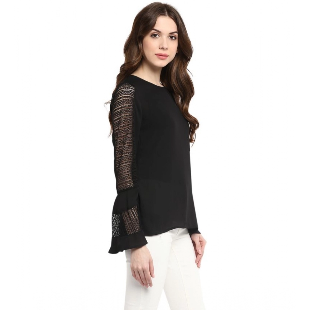 Women's Polyester Georgette Self Design Bell Sleeve Regular Top (Black) - Image 4