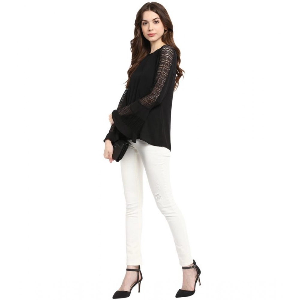 Women's Polyester Georgette Self Design Bell Sleeve Regular Top (Black) - Image 6