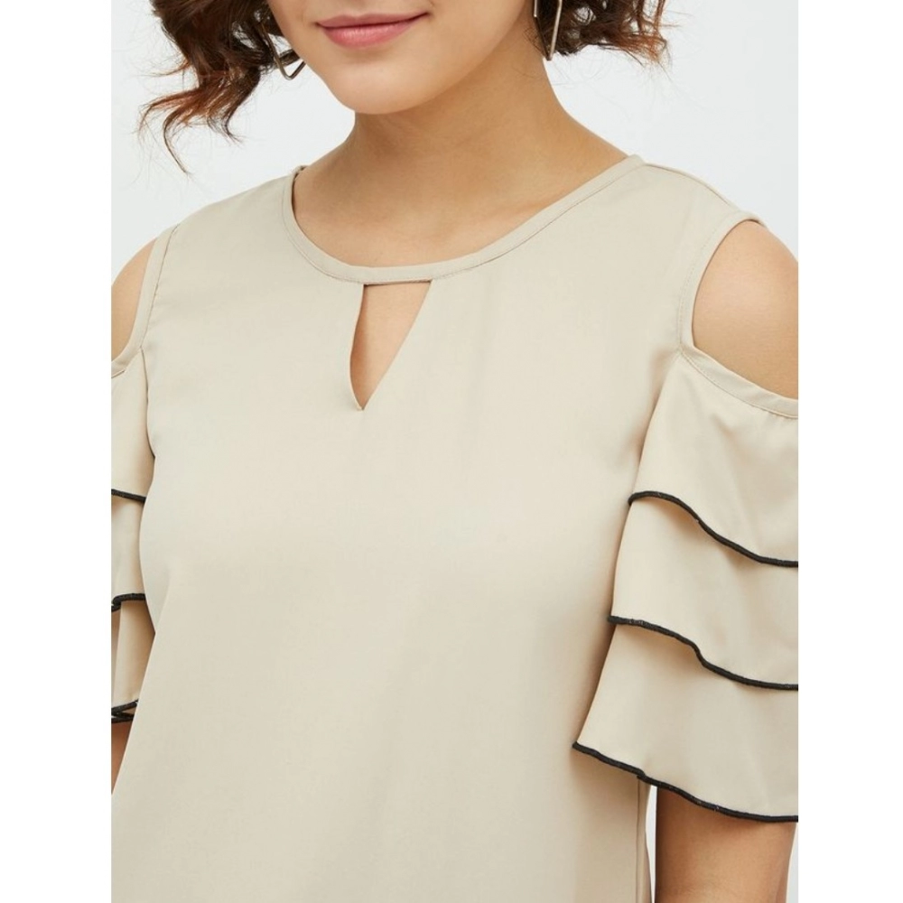 Women's Polyester Tiered Cold Shoulder Top (Beige) - Image 2