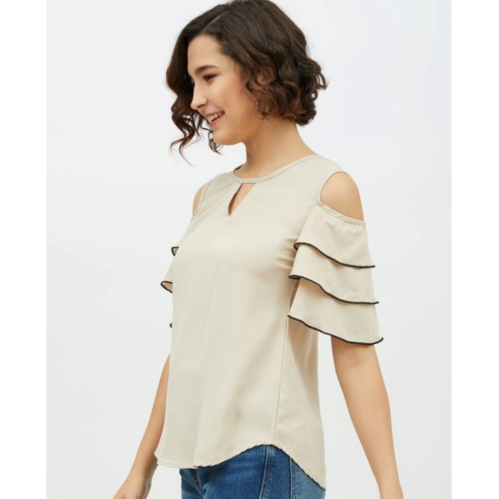 Women's Polyester Tiered Cold Shoulder Top (Beige) - Image 3