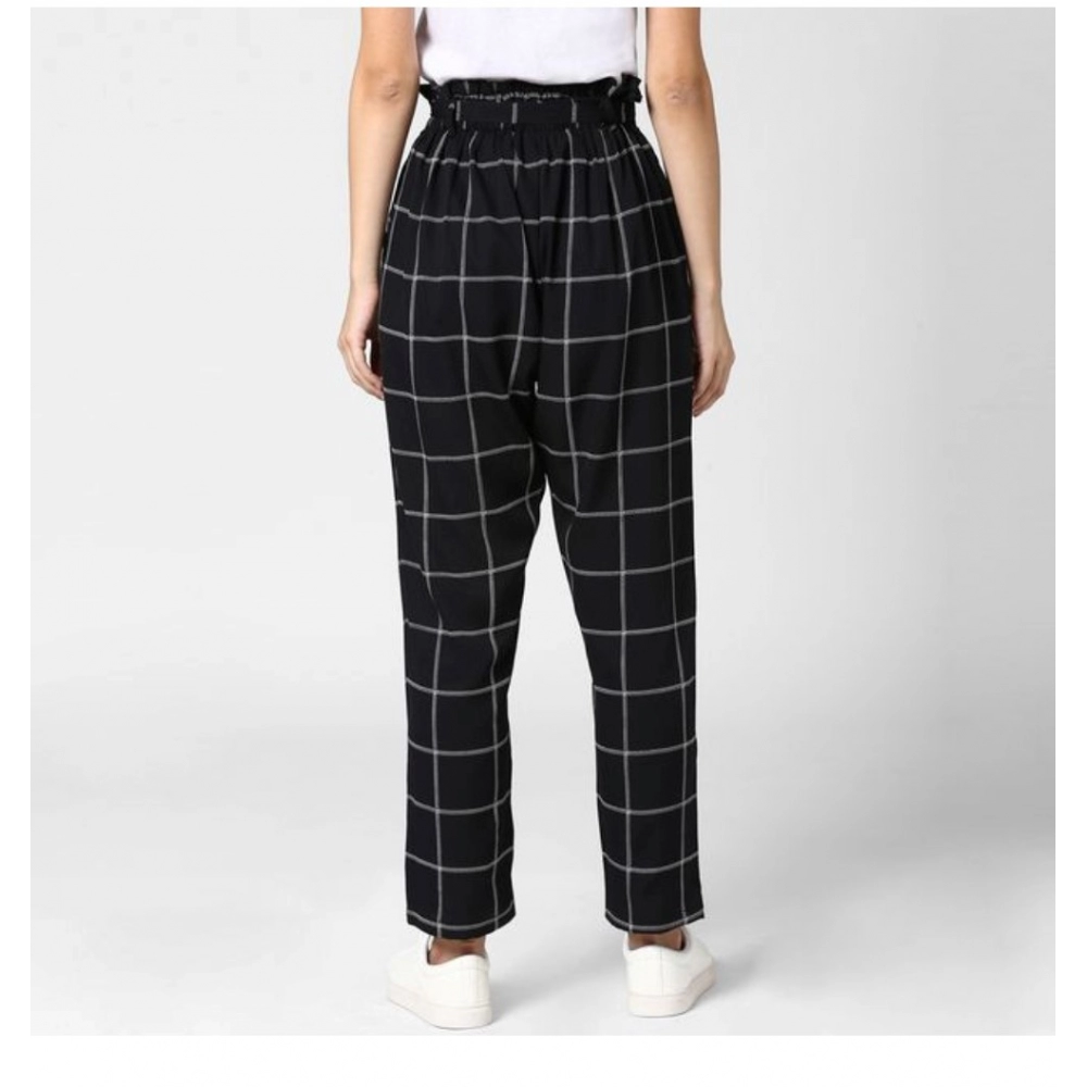 Women's Polyester Checkered Elasticated Trousers (Black - White) - Image 4