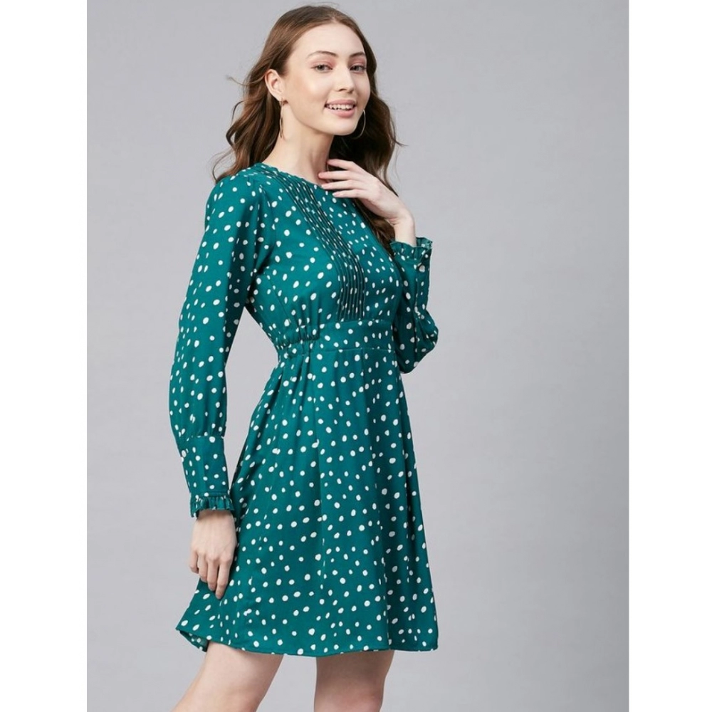 Women's Polyester Polka Long Sleeves Above Knee Dress (Green - White) - Image 3