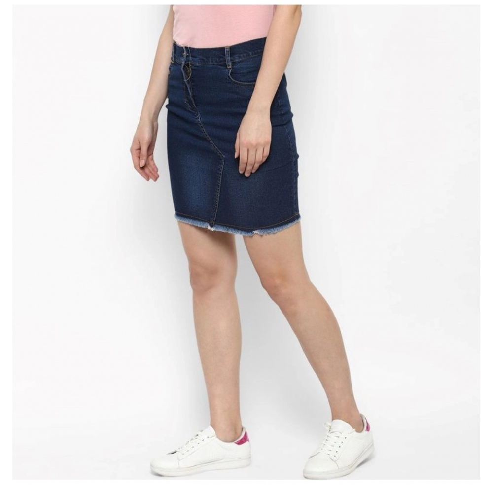 Women's Denim Stitching Pattern Buttoned Skirt (Blue) - Image 3