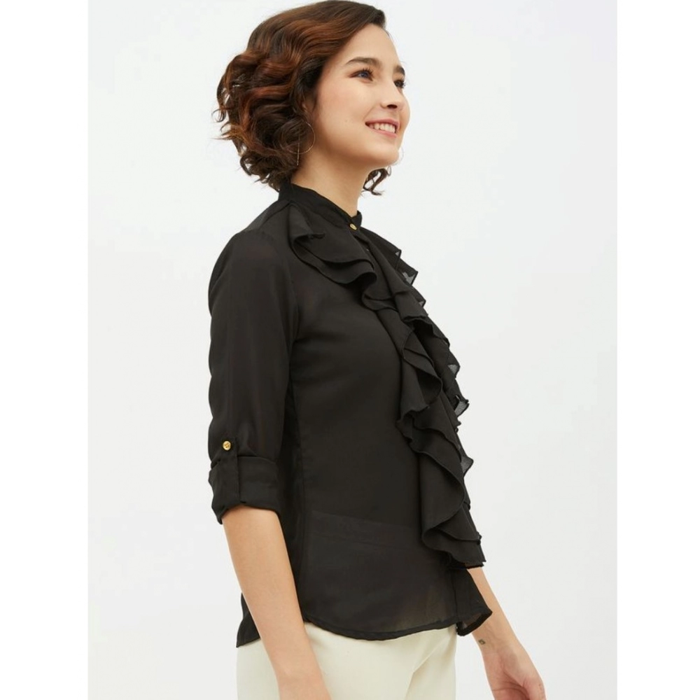 Women's Polyester Ruffled Long Sleeves Standard Length Shirt (Black) - Image 4