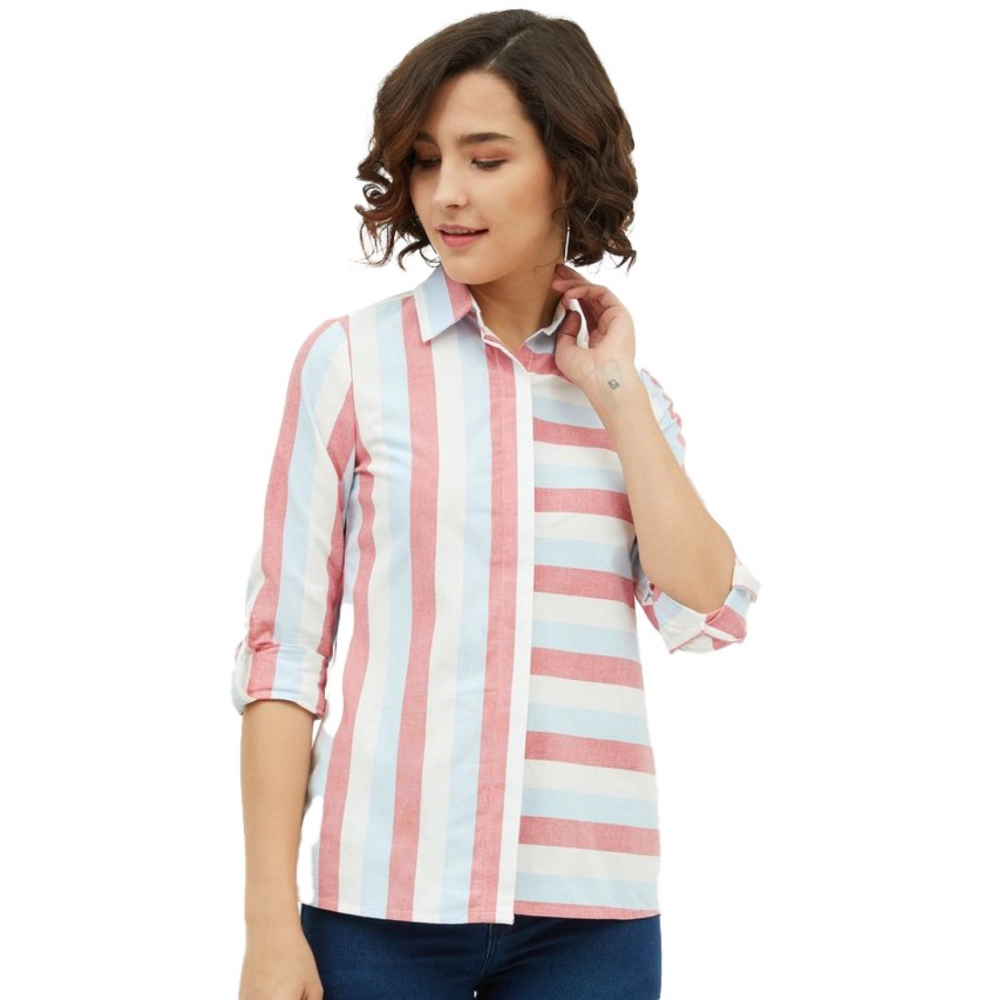 Women's Cotton Striped Long Sleeves Standard Length Shirt (Pink)