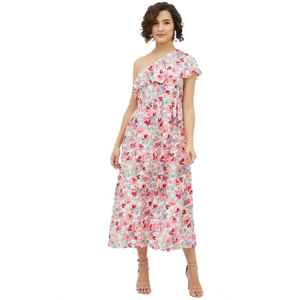 Women's Polyester Floral One Shoulder Calf-length Dress (Multicolor)