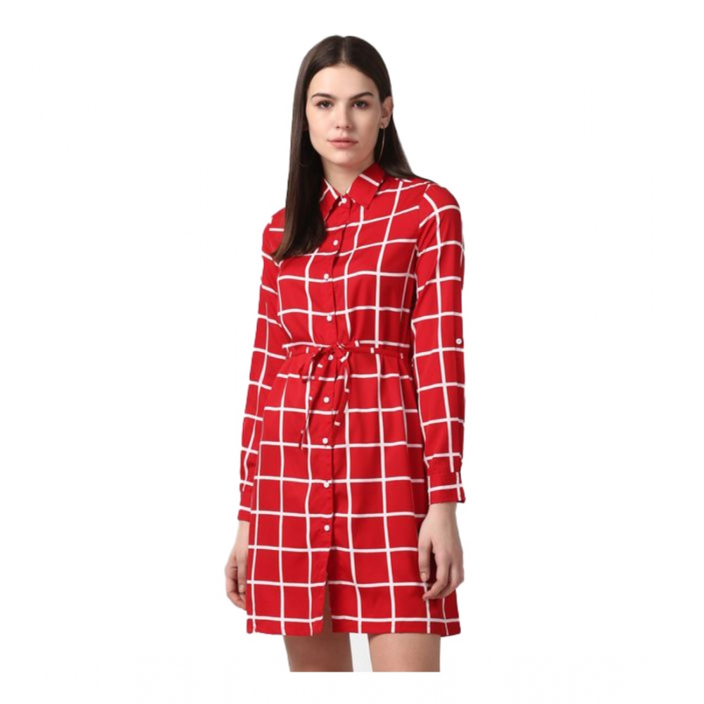 Women's Polyester Checkered Long Sleeves Above Knee Dress (Red)