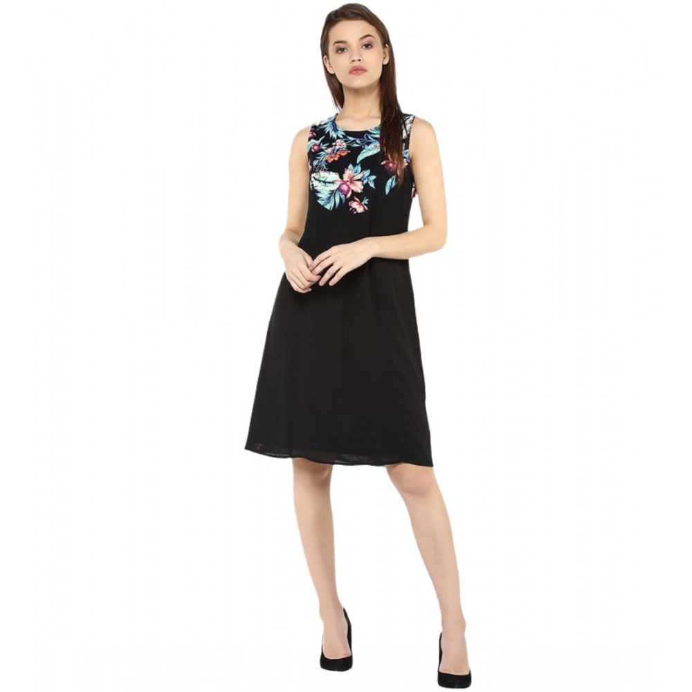 Women's Polyester Printed Sleeveless Above Knee Dress (Black - Multicolor)