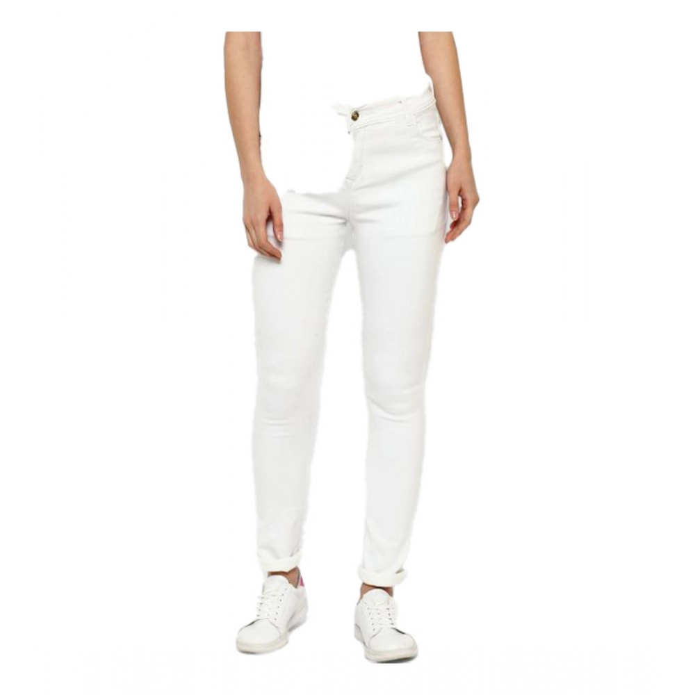 Women's Denim Solid Buttoned Jeans (White)
