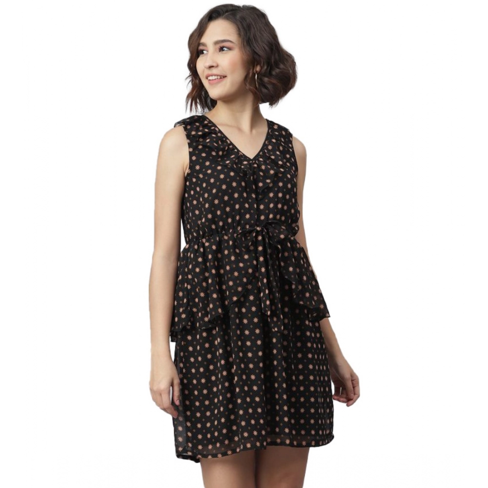 Women's Polyester Peplum Sleeveless Above Knee Dress (Black)