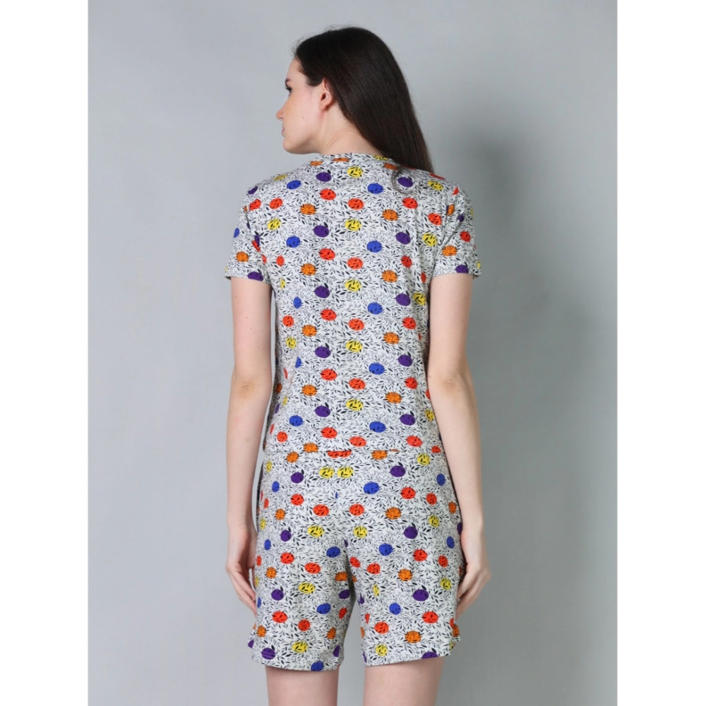 Women's Cotton Blended Printed Round Neck Half Sleeve Top - Shorts Set (Grey) - Image 4