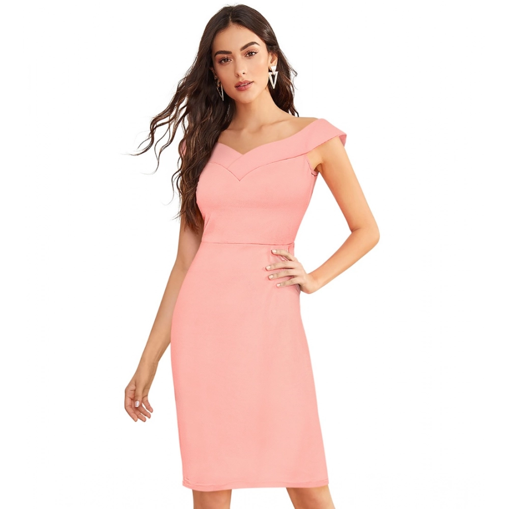 Women's Knitting stretchable Solid Round Neck Sleeveless Dress (Peach)