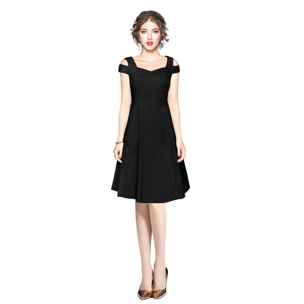 Women's Polyester Solid V Neck Cap Sleeve off Shoulder Dress (Black)