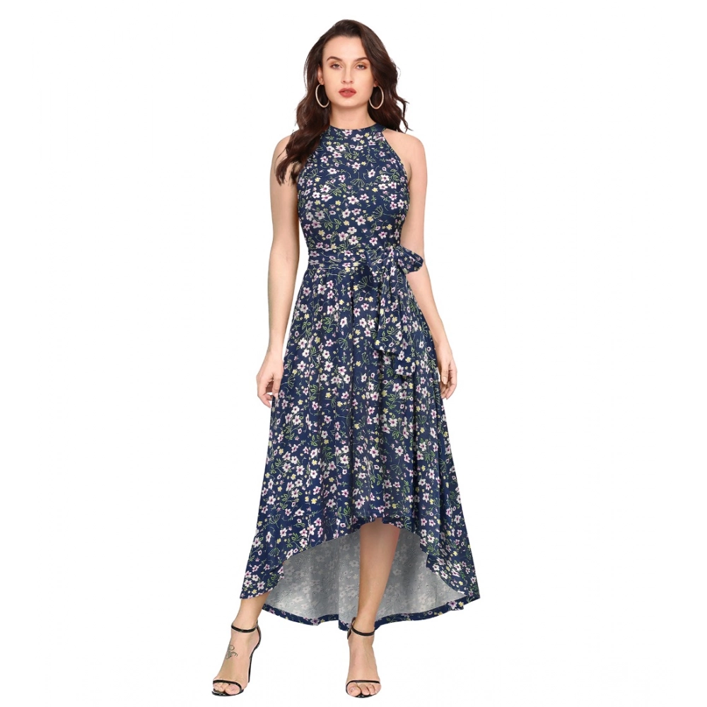 Women's Polyester Printed Halter Neck Sleeveless Dress (Blue)
