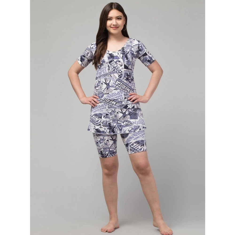 Women's Polyester Spandex Printed Above Knee Slip On Round Neck Swimsuit Set (Grey)