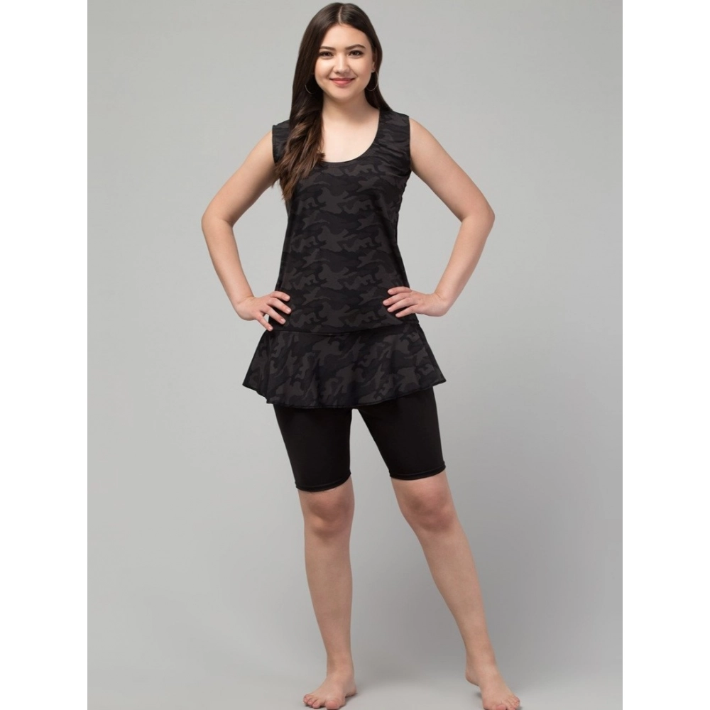 Women's Polyester Spandex Printed Slip On Round Neck Swimsuit Set (Black)