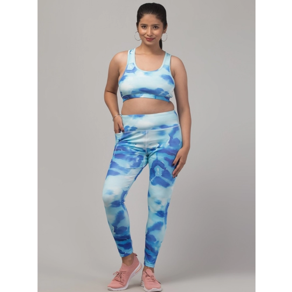 Women's Polyester Spandex Printed Ankle Length High Rise Slip On Tights and Bra Set (Blue)