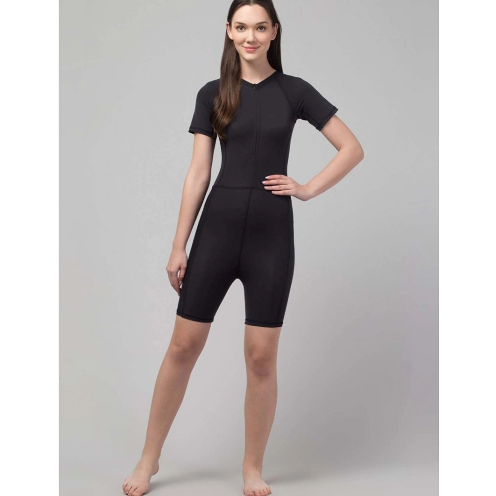 Women's Polyester Spandex Solid Above Knee Slip On Round Neck Swimsuit Set (Black)