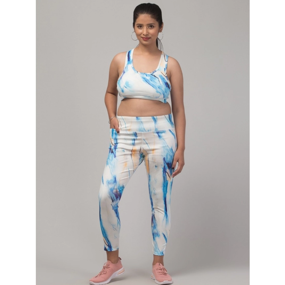 Women's Polyester Spandex Printed Ankle Length High Rise Slip On Tights and Bra Set (SkyBlue)