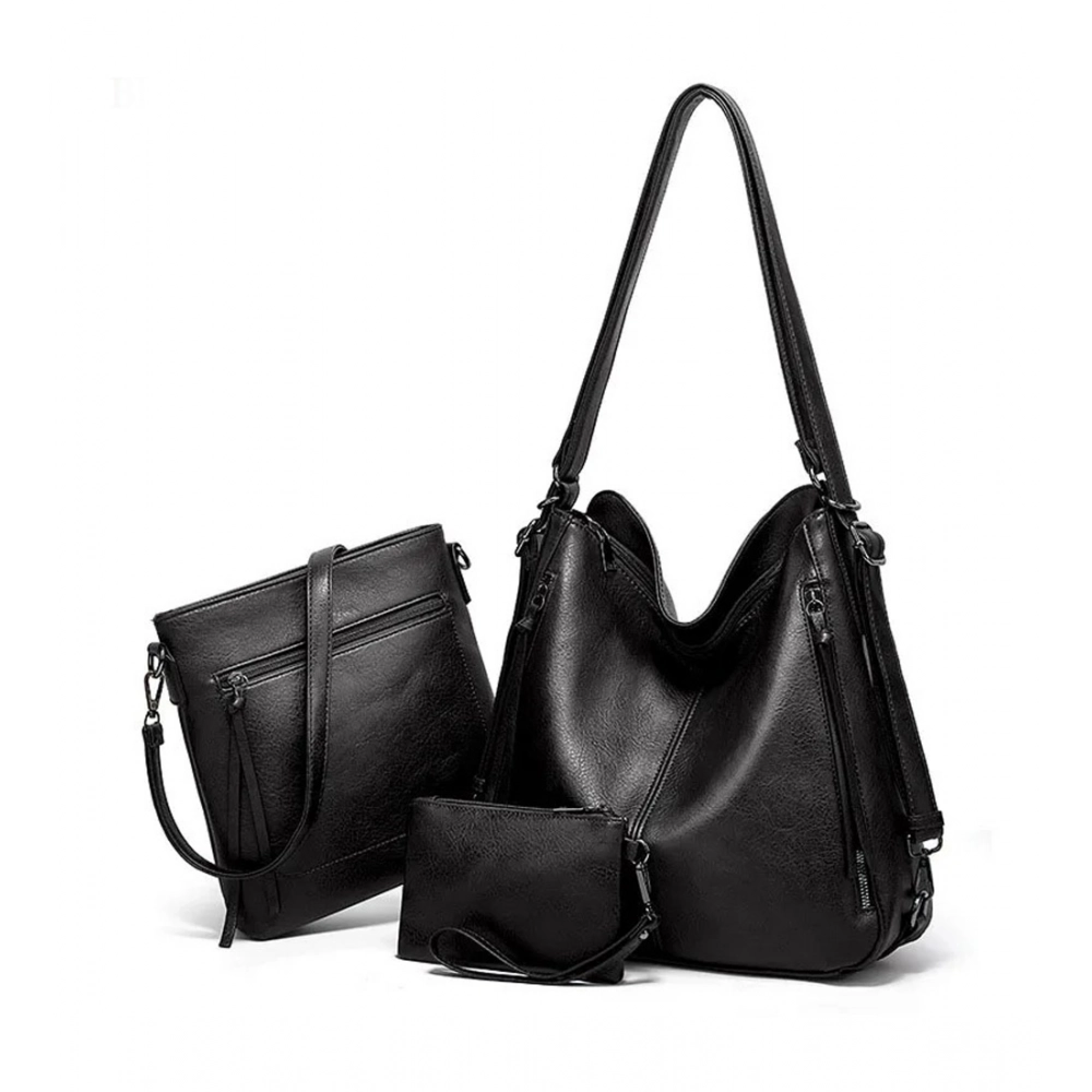 Women's PU Leather Medium Shoulder Zipper Handbag (Black)