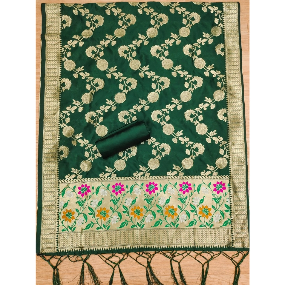 Women's Banarasi Silk Printed Unstitched Salwar Suit Material With Dupatta (Green, 3Mtrs) - Image 4